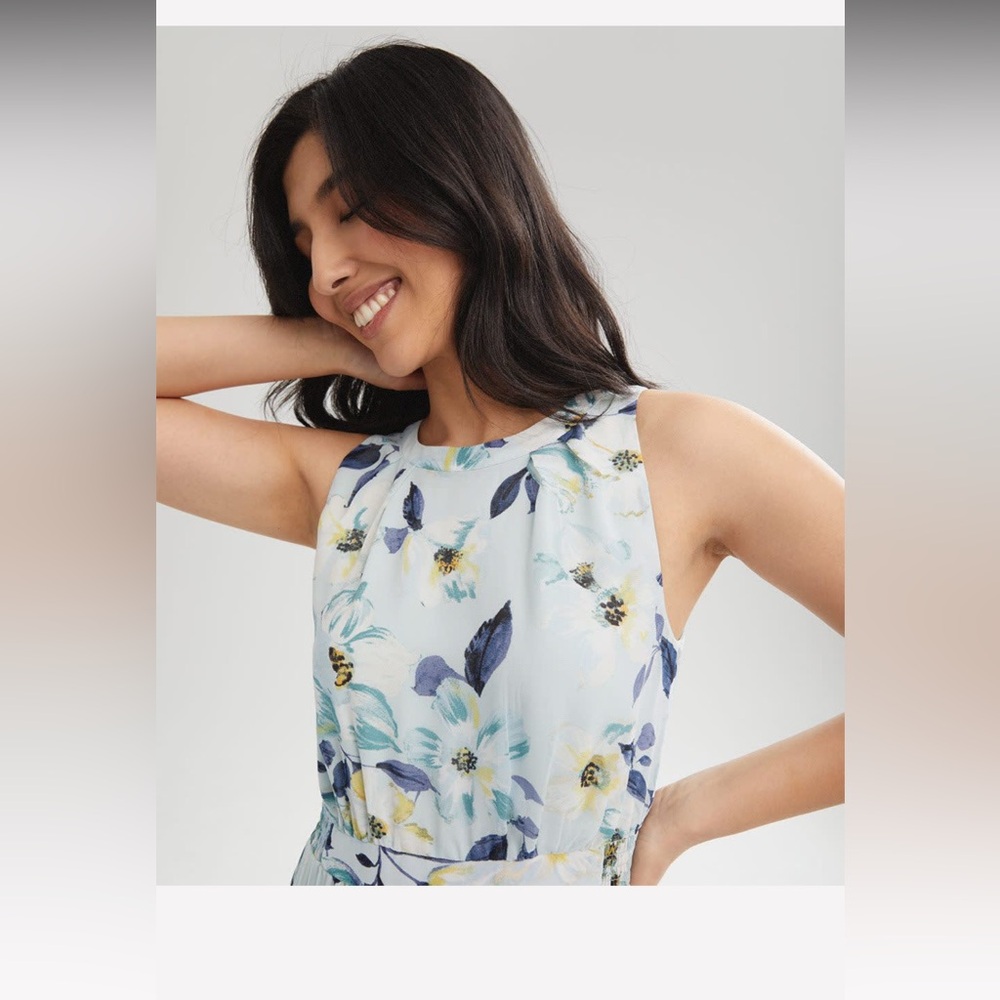RW&CO. Sleeveless Pleated Chiffon Midi Dress Blue and Yellow - Picture 7 of 9